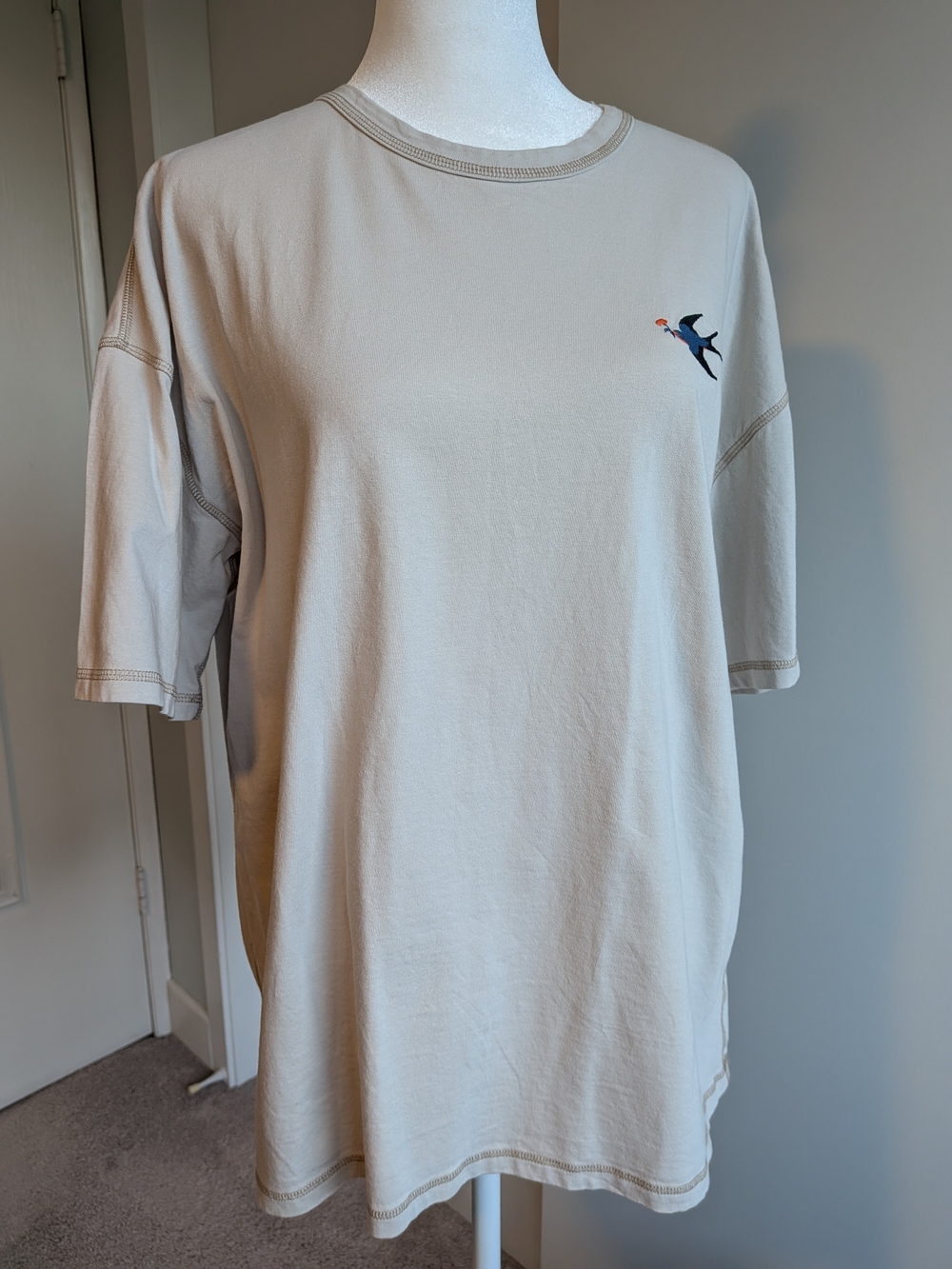 XXL Cotton Embroidered Graphic Tee - West Coast Beige Oversized Soft T-Shirt - Picture 6 of 7